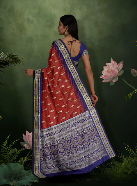 Sambalpuri Maroon Body Saree – Traditional Motif Design with Blue Woven Ikkat Pallu