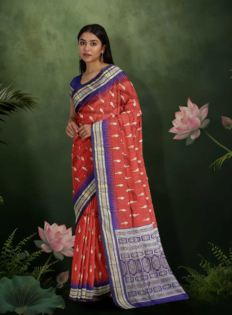 Sambalpuri Maroon Body Saree – Traditional Motif Design with Blue Woven Ikkat Pallu