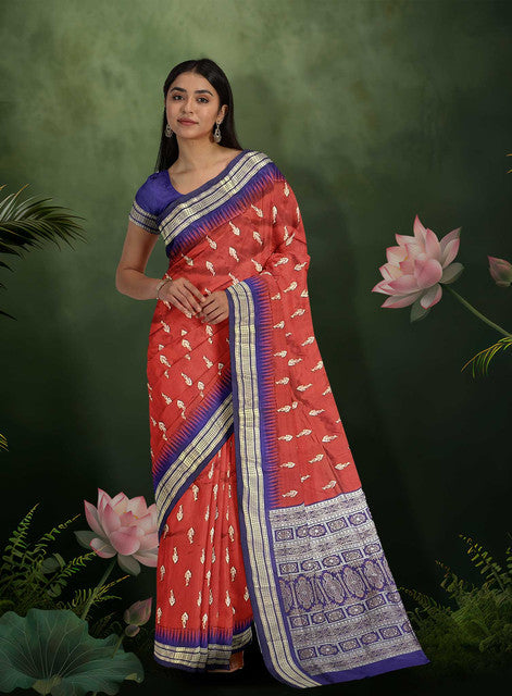 Sambalpuri Maroon Body Saree – Traditional Motif Design with Blue Woven Ikkat Pallu