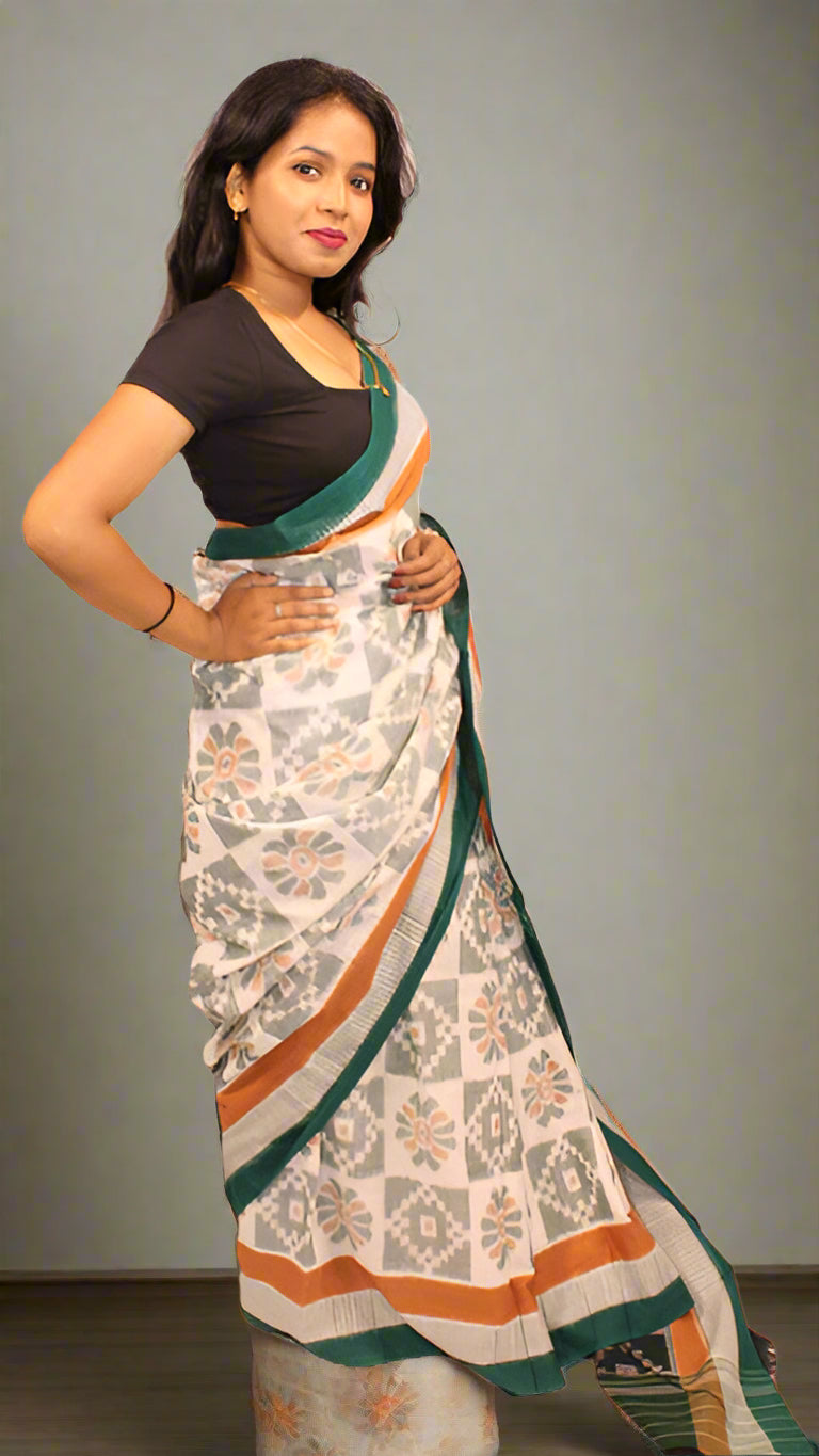 Khandua Green & White Flower Pattern Bandha Saree with Bandha Pallu – Handwoven Traditional Elegance