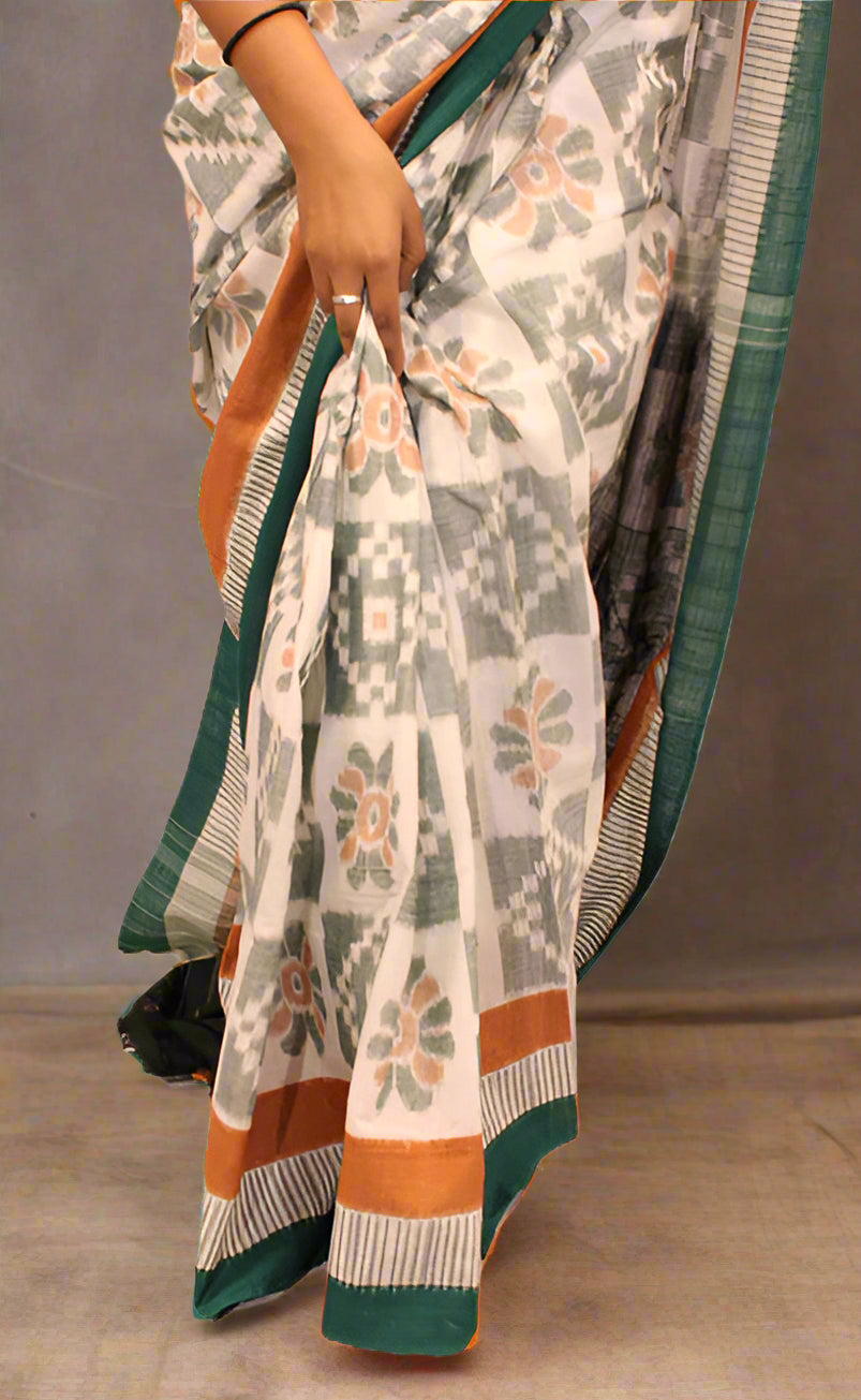Khandua Green & White Flower Pattern Bandha Saree with Bandha Pallu – Handwoven Traditional Elegance