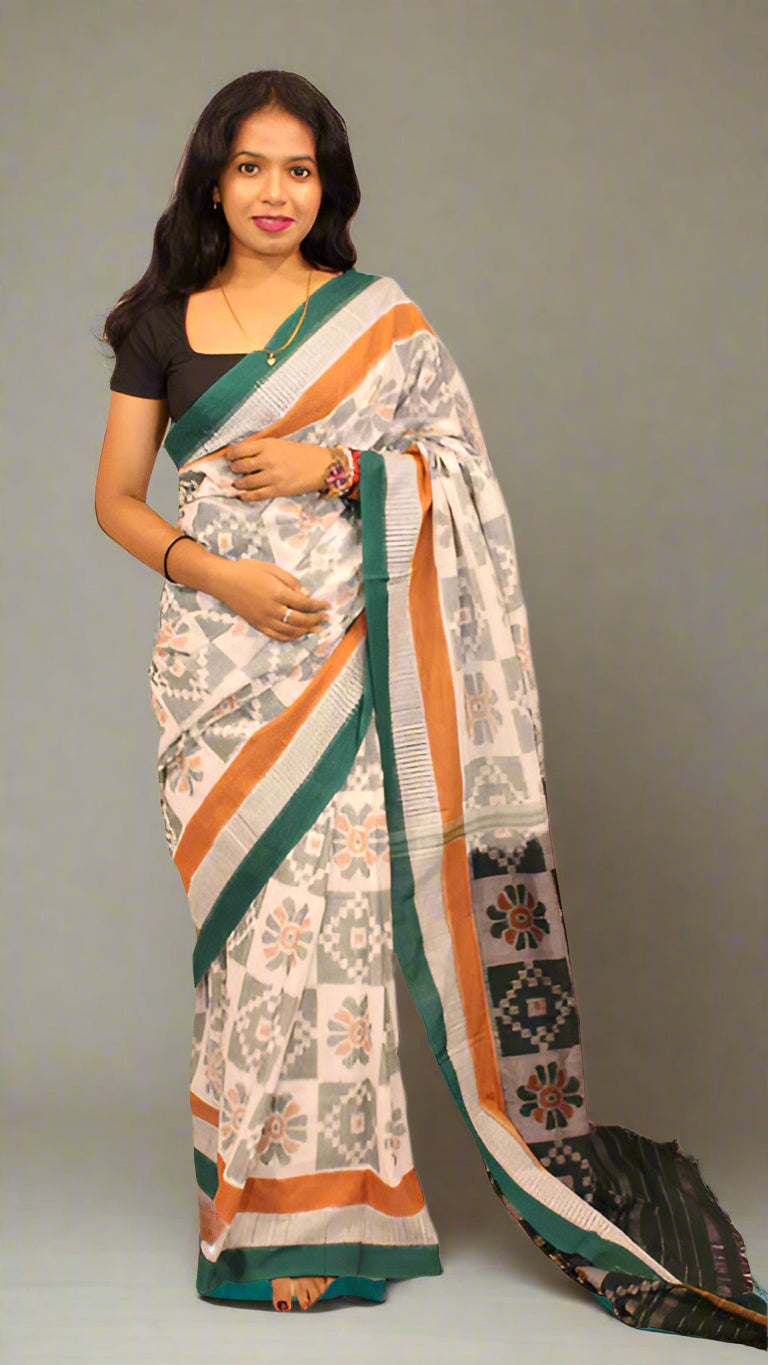 Khandua Green & White Flower Pattern Bandha Saree with Bandha Pallu – Handwoven Traditional Elegance