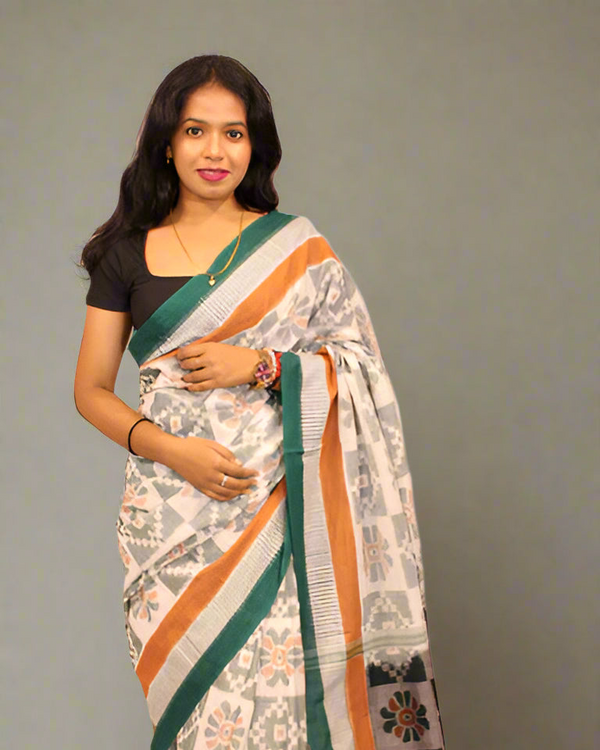 Khandua Green & White Flower Pattern Bandha Saree with Bandha Pallu – Handwoven Traditional Elegance