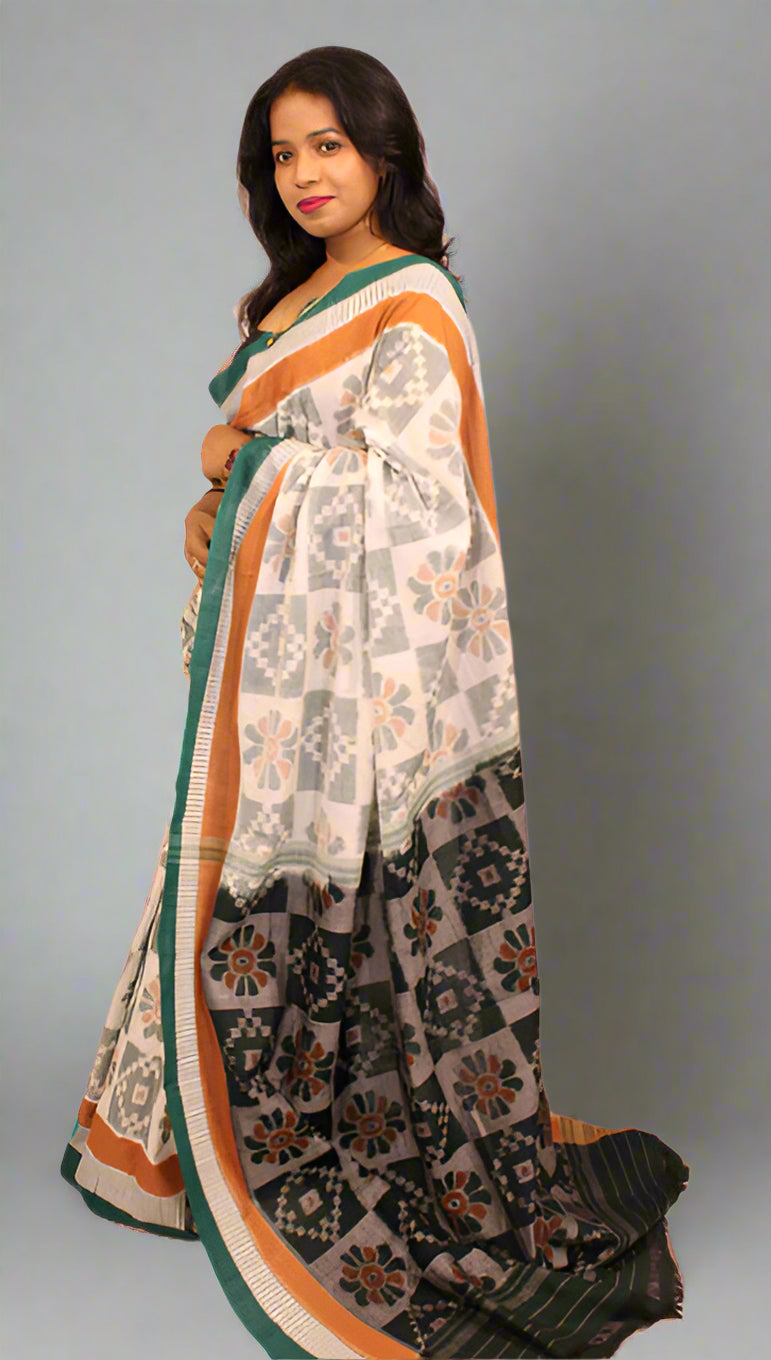 Khandua Green & White Flower Pattern Bandha Saree with Bandha Pallu – Handwoven Traditional Elegance