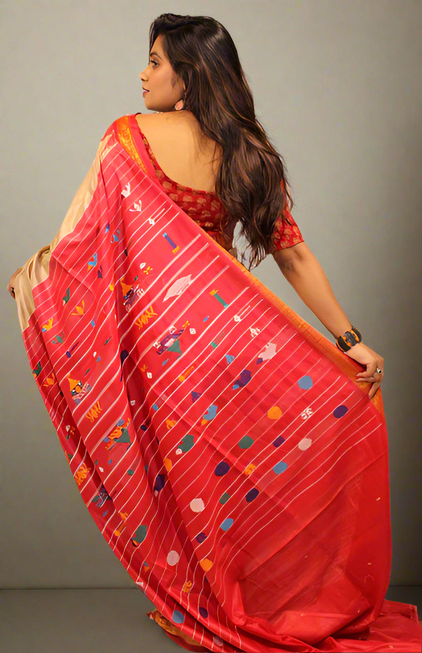 Beige Plain Body Tussar Silk Saree with Red Kumbha Jala Design – Intricate Bootas and Pallu Stripes