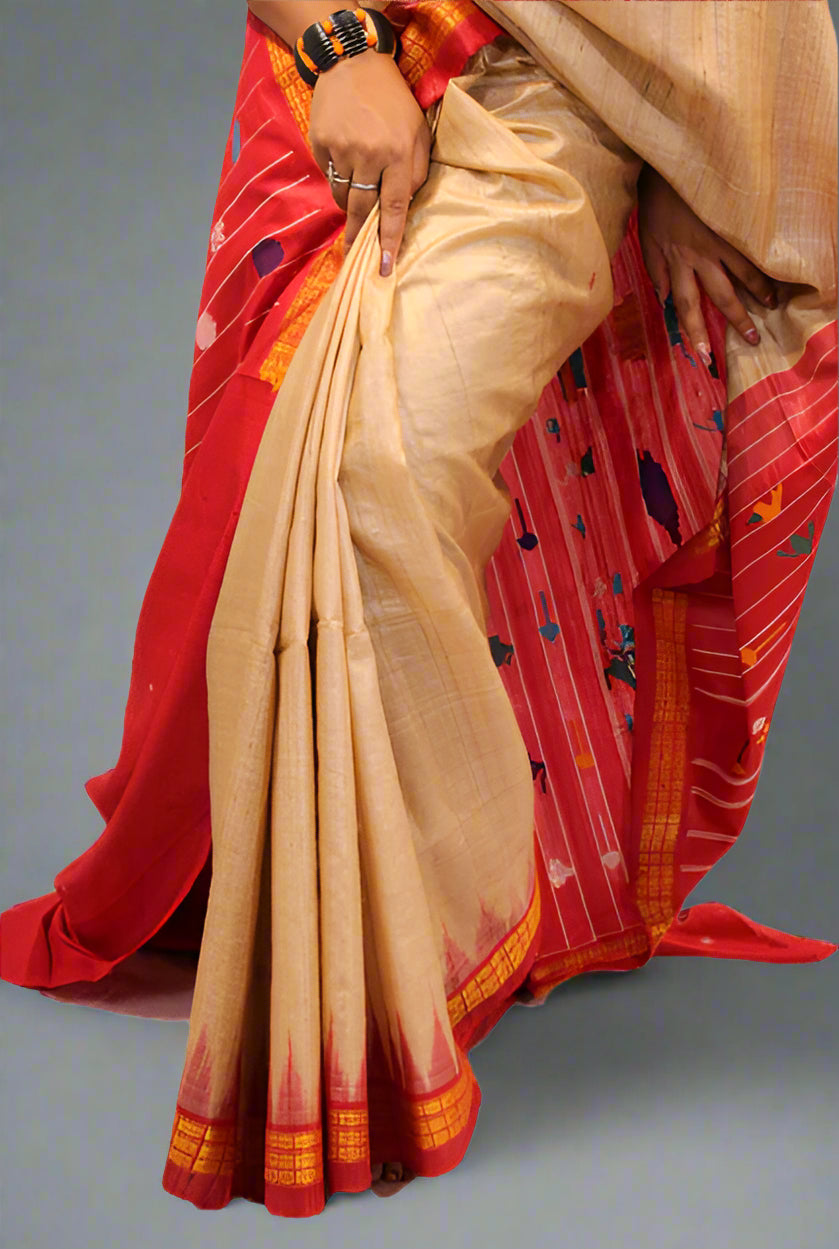 Beige Plain Body Tussar Silk Saree with Red Kumbha Jala Design – Intricate Bootas and Pallu Stripes