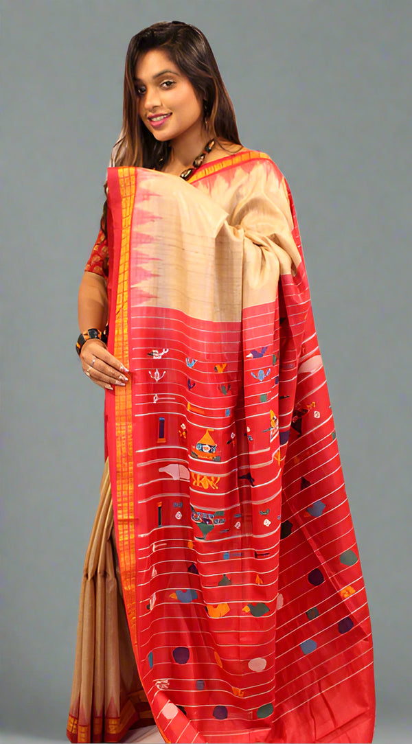 Beige Plain Body Tussar Silk Saree with Red Kumbha Jala Design – Intricate Bootas and Pallu Stripes