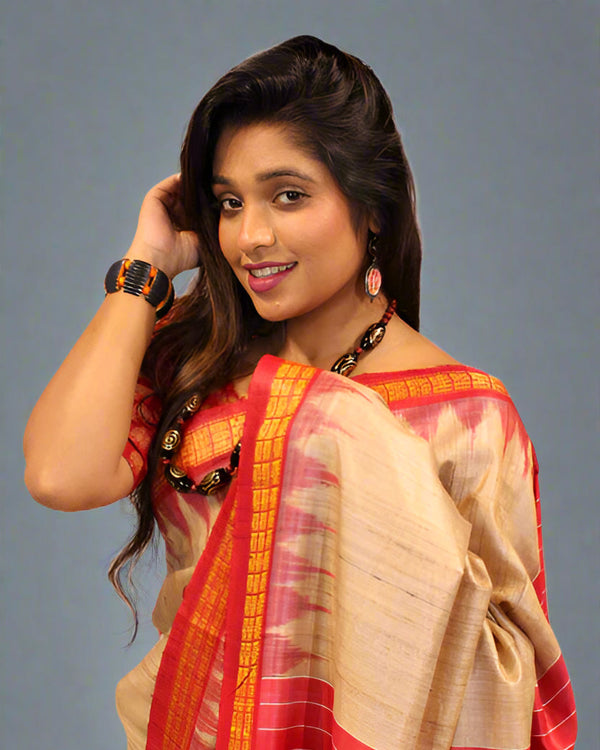 Beige Plain Body Tussar Silk Saree with Red Kumbha Jala Design – Intricate Bootas and Pallu Stripes