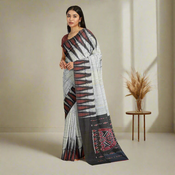 Khandua Kargil Handloom Saree – Grey Body with Black & Maroon Border and Pallu | Pure Silk Traditional Saree | Authentic Odisha Weave