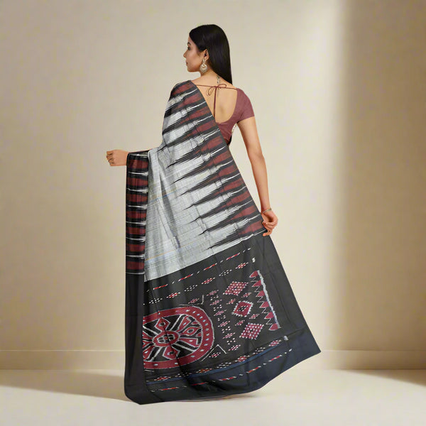 Khandua Kargil Handloom Saree – Grey Body with Black & Maroon Border and Pallu | Pure Silk Traditional Saree | Authentic Odisha Weave