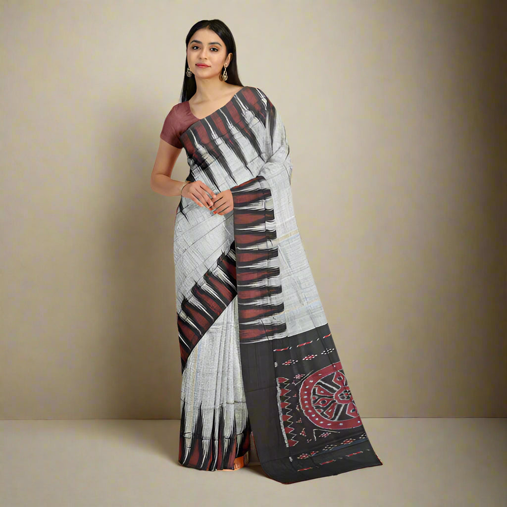 Khandua Kargil Handloom Saree – Grey Body with Black & Maroon Border and Pallu | Pure Silk Traditional Saree | Authentic Odisha Weave