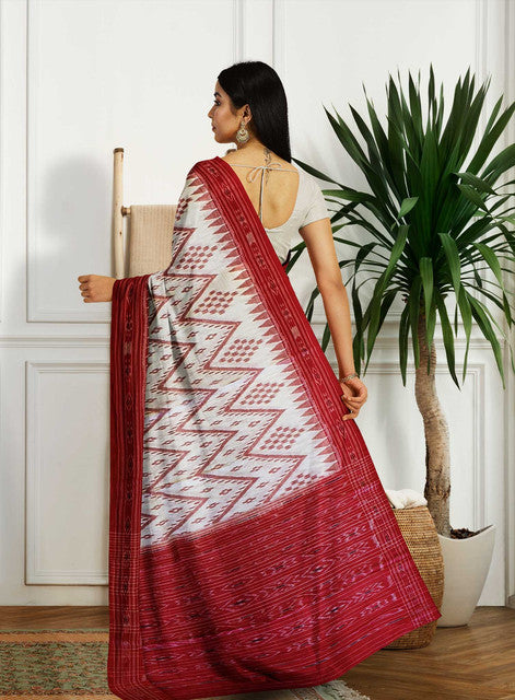 White Bandha Khandua Saree with Red Border and Pallu – Handwoven Traditional Elegance
