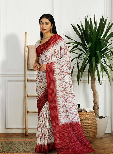 White Bandha Khandua Saree with Red Border and Pallu – Handwoven Traditional Elegance