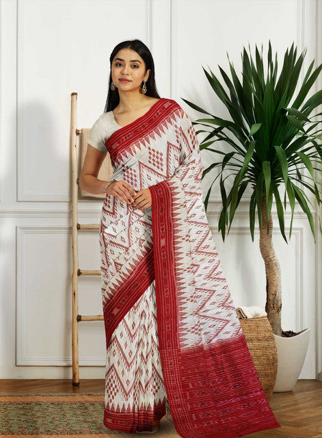 White Bandha Khandua Saree with Red Border and Pallu – Handwoven Traditional Elegance