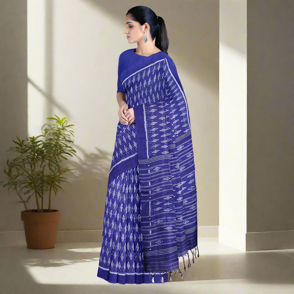 KHANDUA Blue Full Body Ikkat Design Cotton Saree with Ikkat Pallu – Handwoven Traditional Odisha Saree