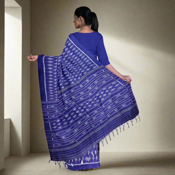 KHANDUA Blue Full Body Ikkat Design Cotton Saree with Ikkat Pallu – Handwoven Traditional Odisha Saree