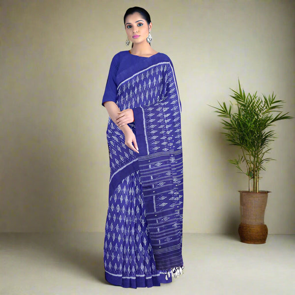 KHANDUA Blue Full Body Ikkat Design Cotton Saree with Ikkat Pallu – Handwoven Traditional Odisha Saree