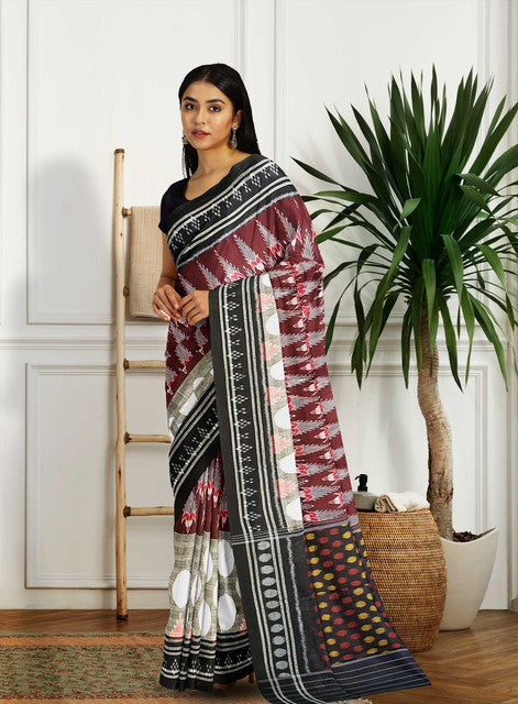 KHANDUA Maroon & Grey Half & Half Bandha Design Saree | Handwoven Pure Silk Saree with Polka Dot Bandha Pallu | Traditional Odisha Ikat Weave