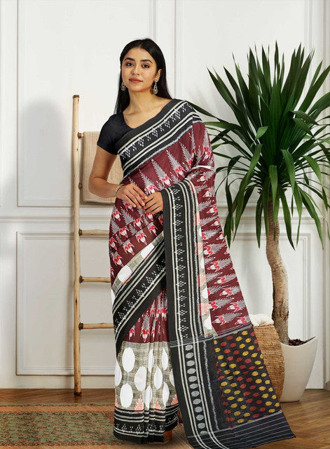 KHANDUA Maroon & Grey Half & Half Bandha Design Saree | Handwoven Pure Silk Saree with Polka Dot Bandha Pallu | Traditional Odisha Ikat Weave