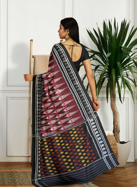 KHANDUA Maroon & Grey Half & Half Bandha Design Saree | Handwoven Pure Silk Saree with Polka Dot Bandha Pallu | Traditional Odisha Ikat Weave