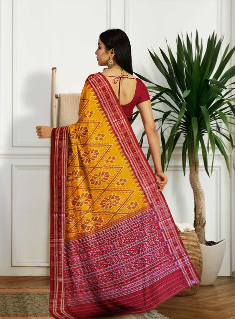 Yellow Red Khandua Cotton Saree – Full Body Bandha with Bandha Pallu | Handwoven Traditional Odisha Saree