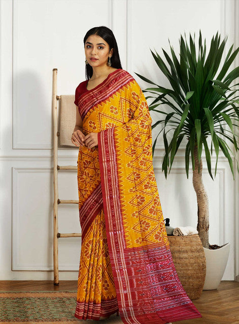 Yellow Red Khandua Cotton Saree – Full Body Bandha with Bandha Pallu | Handwoven Traditional Odisha Saree