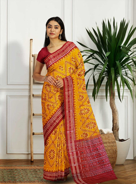 Yellow Red Khandua Cotton Saree – Full Body Bandha with Bandha Pallu | Handwoven Traditional Odisha Saree