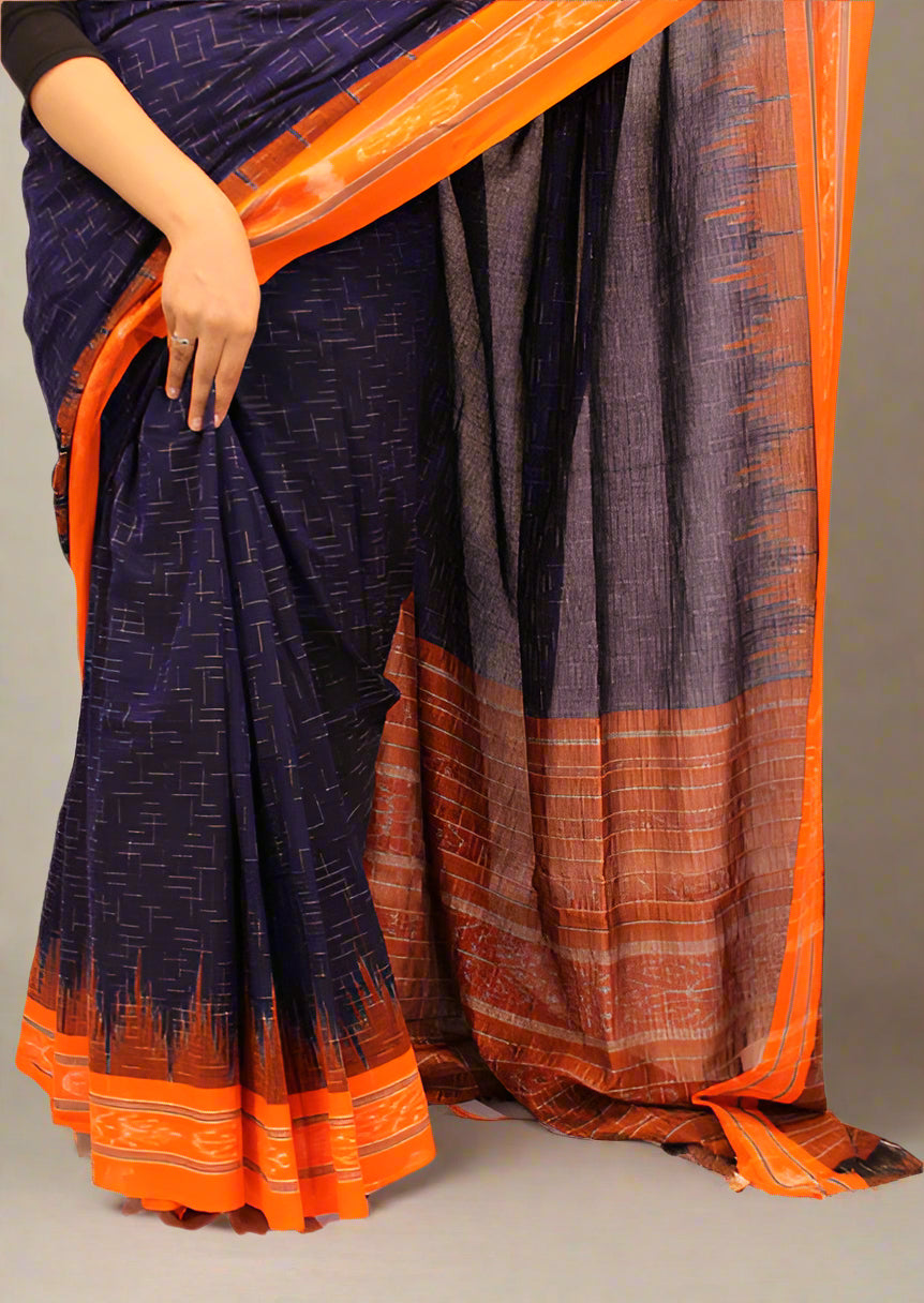 Women’s Navy Blue & Orange Jharana Cotton Saree | Handloom Soft Cotton | Traditional & Festive Wear