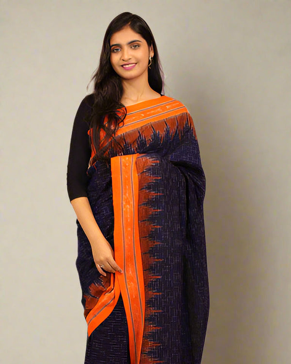 Women’s Navy Blue & Orange Jharana Cotton Saree | Handloom Soft Cotton | Traditional & Festive Wear