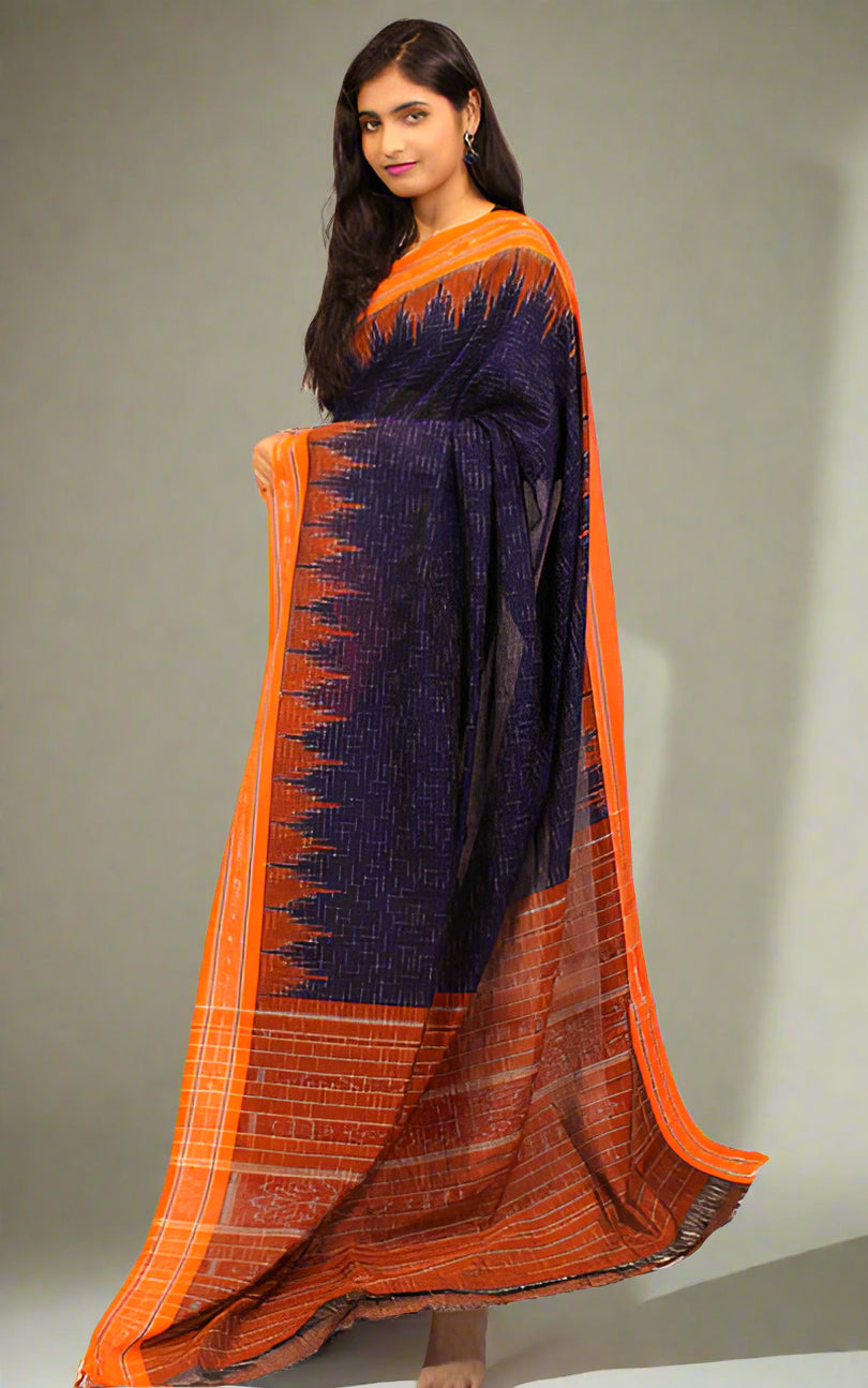 Women’s Navy Blue & Orange Jharana Cotton Saree | Handloom Soft Cotton | Traditional & Festive Wear
