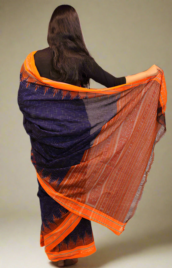 Women’s Navy Blue & Orange Jharana Cotton Saree | Handloom Soft Cotton | Traditional & Festive Wear