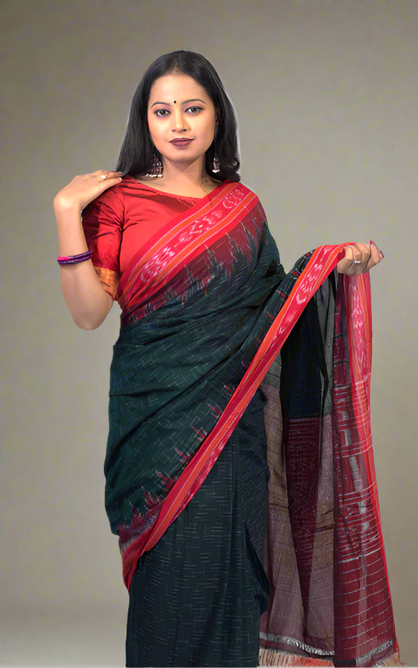 KHANDUA JHARANA Handwoven Green & Red Silk Saree with Red Border & Pallu – Traditional Odisha Saree