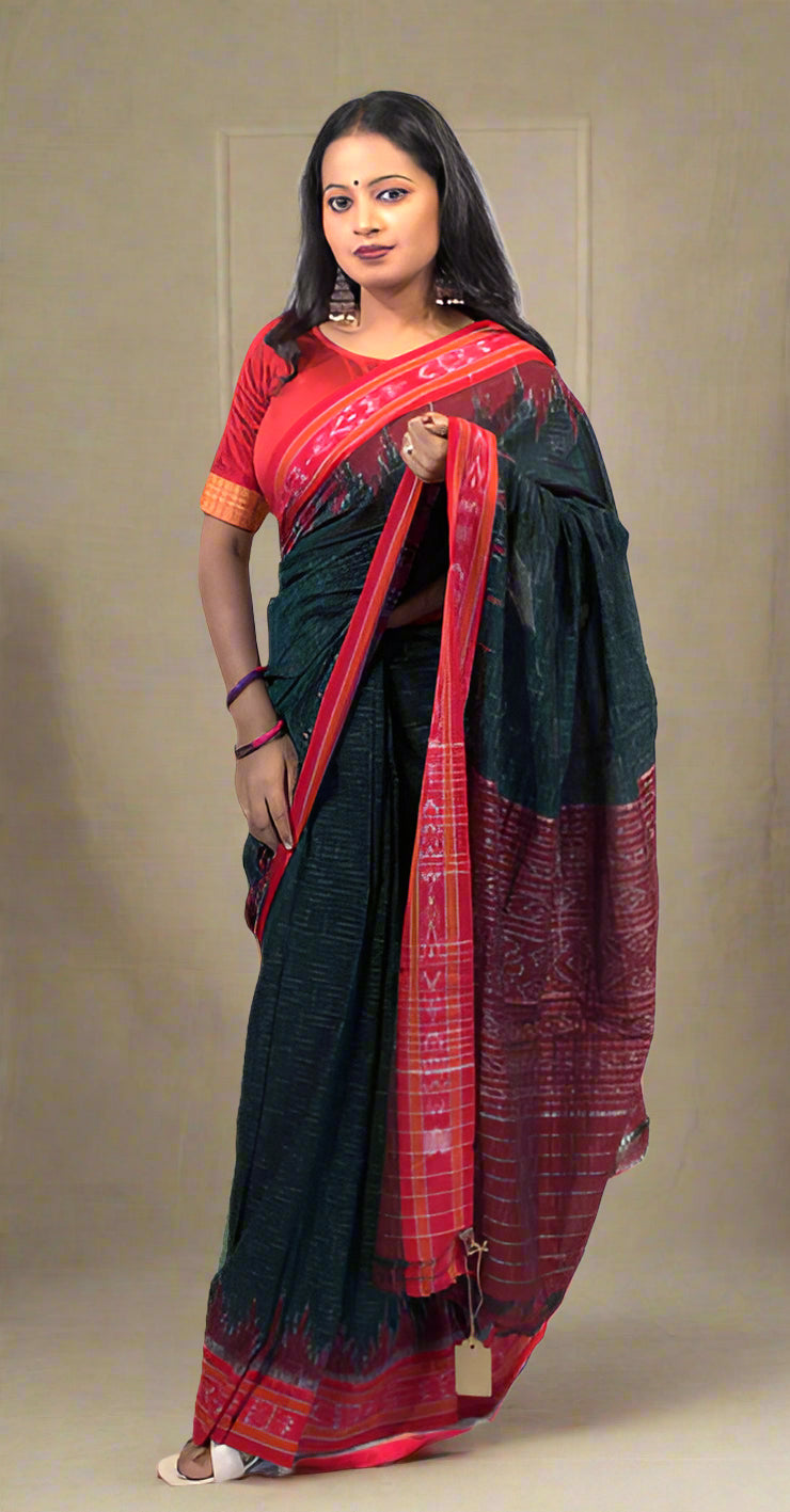 KHANDUA JHARANA Handwoven Green & Red Silk Saree with Red Border & Pallu – Traditional Odisha Saree