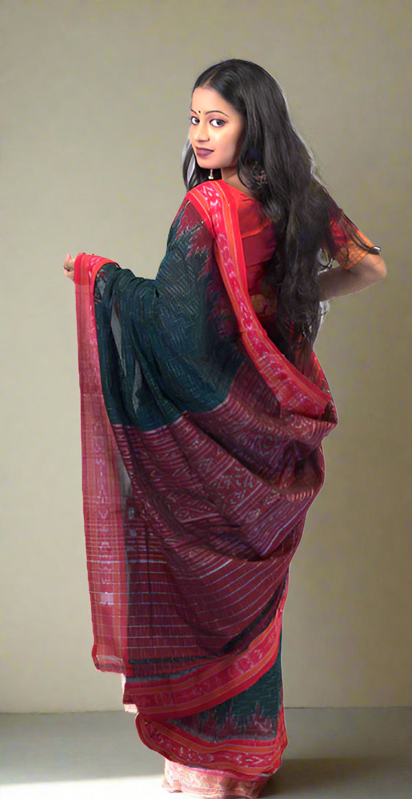 KHANDUA JHARANA Handwoven Green & Red Silk Saree with Red Border & Pallu – Traditional Odisha Saree