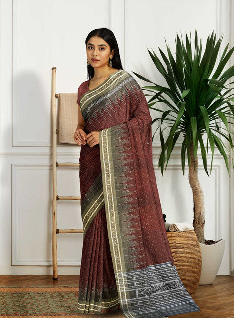 Jharana Maroon Khandua Saree with Grey Border and Pallu – Handwoven Silk Elegance