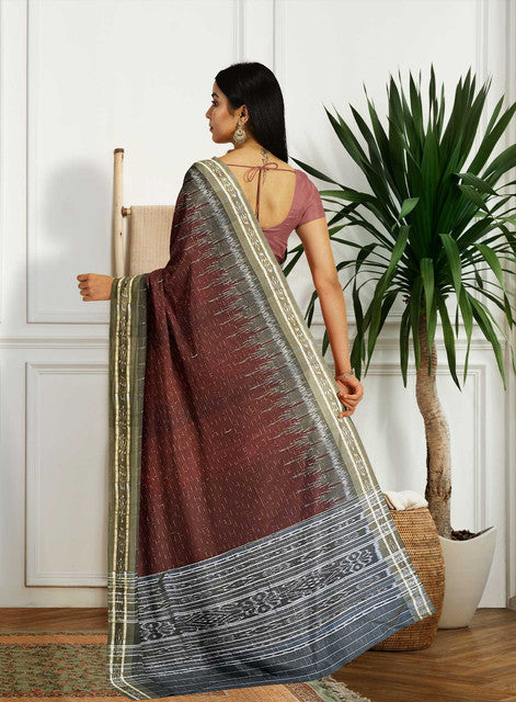 Jharana Maroon Khandua Saree with Grey Border and Pallu – Handwoven Silk Elegance