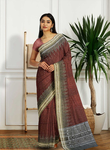 Jharana Maroon Khandua Saree with Grey Border and Pallu – Handwoven Silk Elegance