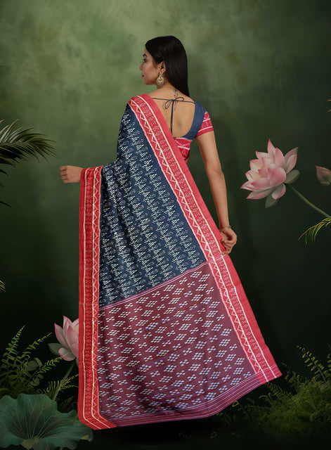 Blue Bandha Khandua Saree with Red Border and Pallu – Handwoven Traditional Elegance
