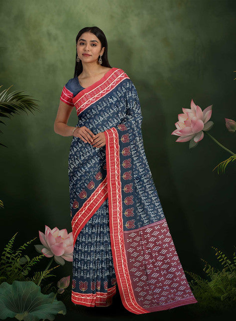 Blue Bandha Khandua Saree with Red Border and Pallu – Handwoven Traditional Elegance