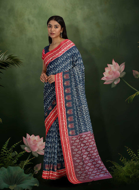 Blue Bandha Khandua Saree with Red Border and Pallu – Handwoven Traditional Elegance