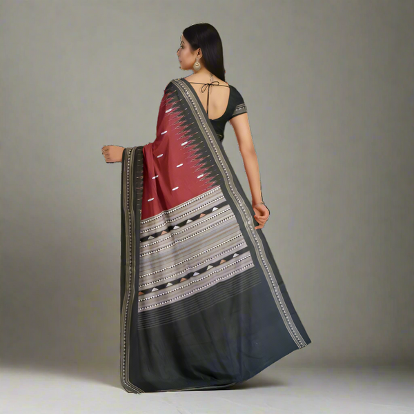Traditional Khandua Silk Saree – Maroon Body with White Butta & Dongaria Weave Pallu | Handwoven Odisha Silk Saree