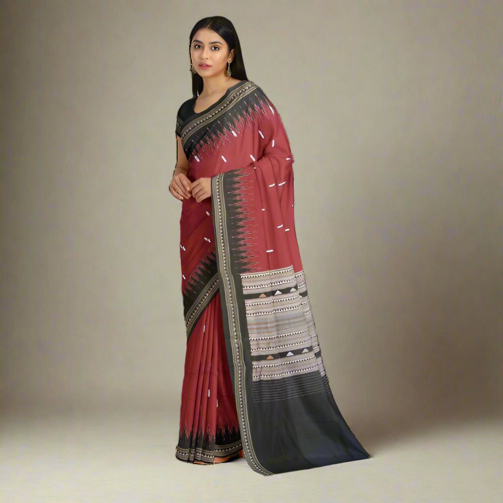 Traditional Khandua Silk Saree – Maroon Body with White Butta & Dongaria Weave Pallu | Handwoven Odisha Silk Saree