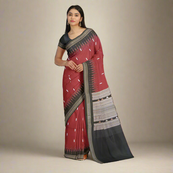 Traditional Khandua Silk Saree – Maroon Body with White Butta & Dongaria Weave Pallu | Handwoven Odisha Silk Saree