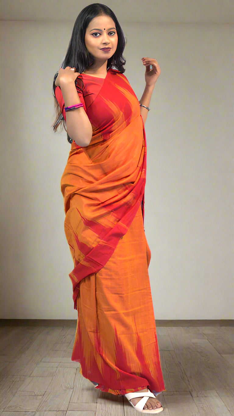 Khandua Kargil Orange Saree with Red Border and Bandha Pallu – Handwoven Silk Elegance