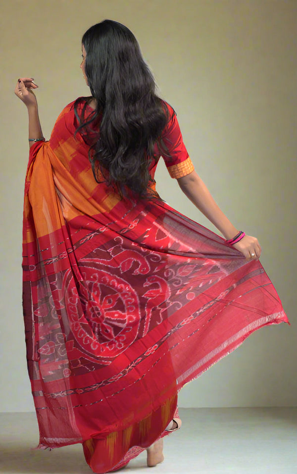 Khandua Kargil Orange Saree with Red Border and Bandha Pallu – Handwoven Silk Elegance