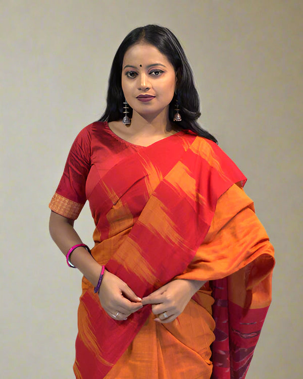 Khandua Kargil Orange Saree with Red Border and Bandha Pallu – Handwoven Silk Elegance