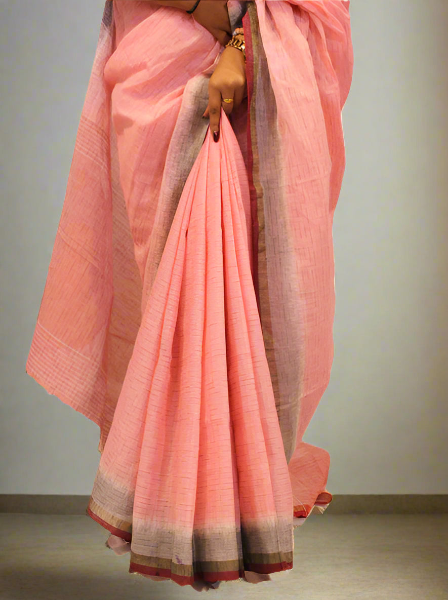 KHANDUA JHARANA Pink Saree with Grey Border – Pure Handloom Silk Saree | Traditional Odisha Weave | Elegant & Lightweight