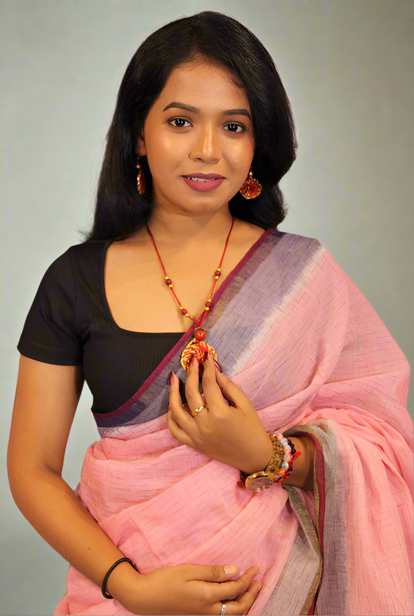 KHANDUA JHARANA Pink Saree with Grey Border – Pure Handloom Silk Saree | Traditional Odisha Weave | Elegant & Lightweight