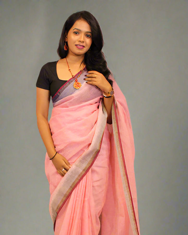 KHANDUA JHARANA Pink Saree with Grey Border – Pure Handloom Silk Saree | Traditional Odisha Weave | Elegant & Lightweight