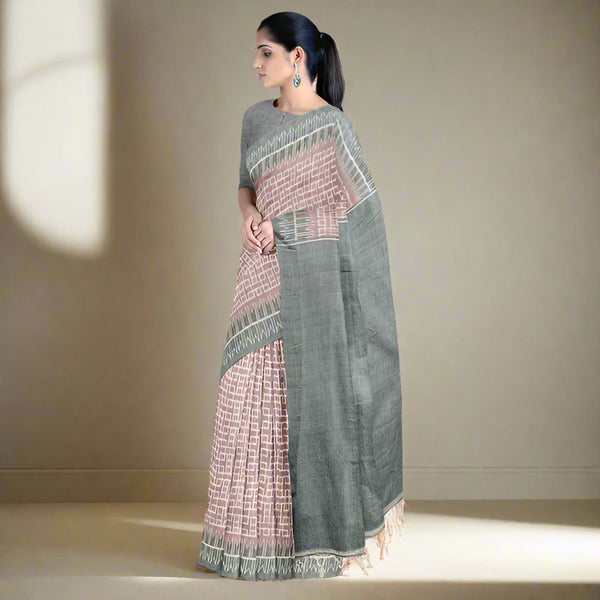 Dusty Pink & Grey Inter Box Bandha Cotton Saree - Contemporary Handwoven Elegance